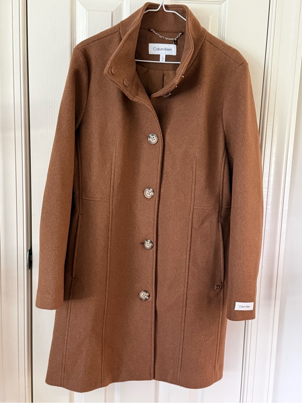 Calvin Klein Camel Brown Wool Blend Stand Collar Mid Length Coat NWOT Sz Large